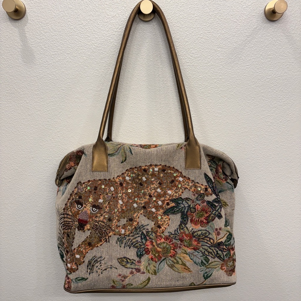 Embelished Tiger Floral Beaded Detail Overnight Weekender Tote Carry-on Bag